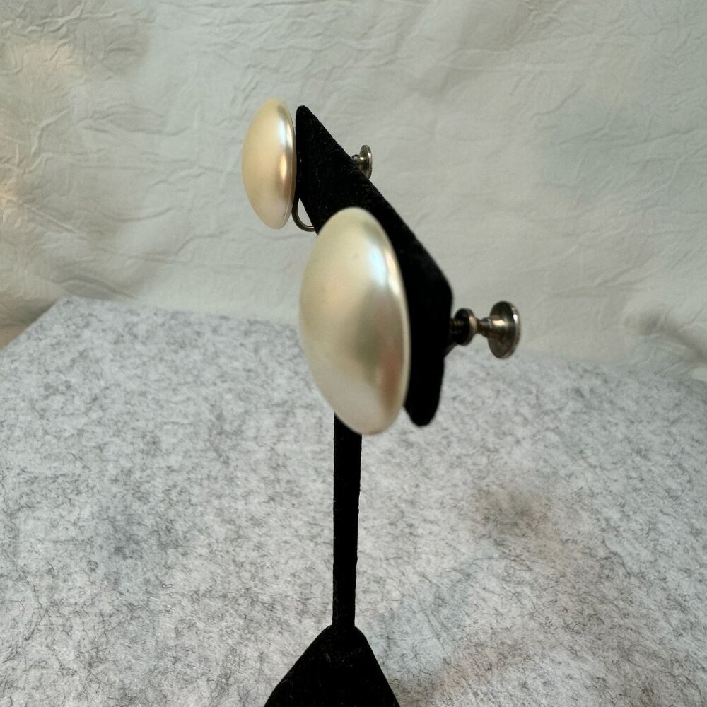 Vintage Sterling Silver & Faux Pearl Clip-On Earrings MCM Button shaped - Picture 2 of 10